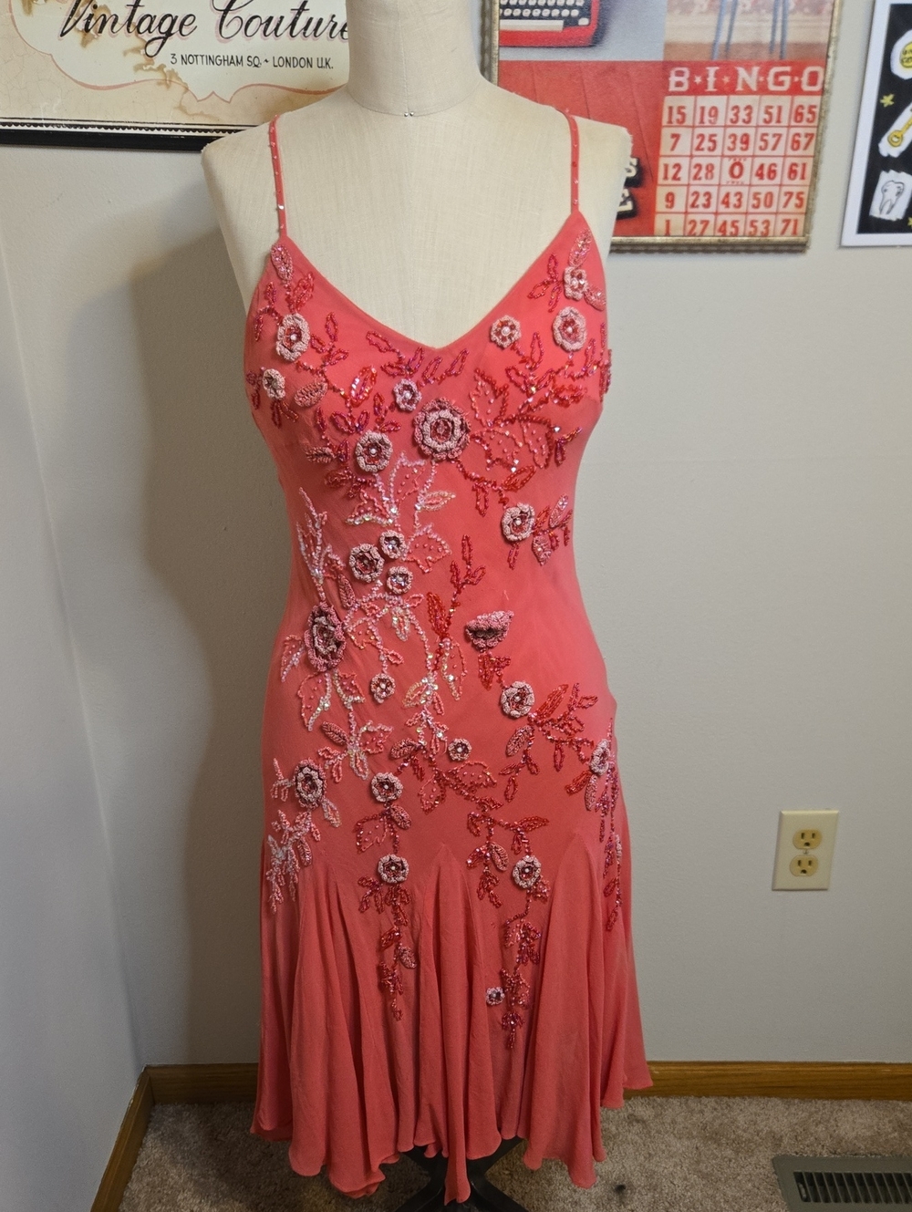 Sue Wong Coral Pink Floral Sequin Spaghetti-Strap Dress